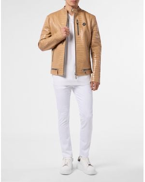 Philipp Plein Leather Moto Jacket Cocco - White