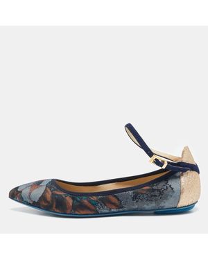 Loriblu Floral Print Denim And Glitter Ankle Strap Ballet Flats - Blue