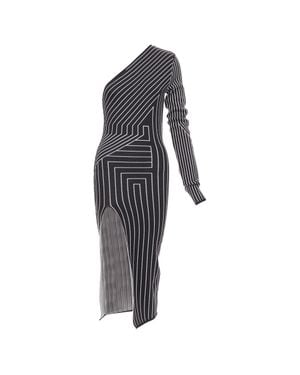 Rick Owens Ziggy Geometric Graphic Lines One Shoulder Slit Dress Rosalia - Blue