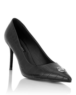 Philipp Plein Leather Decollete Pump H85 Cocco Print Hexagon - Black