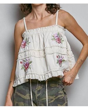 Pol Floral Embroidered Raw Edge Top - White