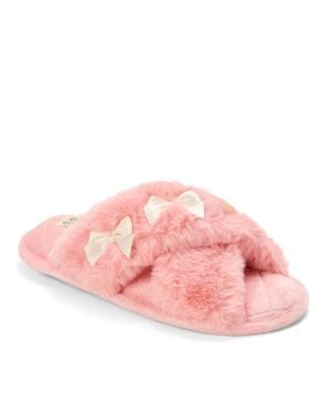 Dearfoams Jessica Bows Furry Crossband Slide Slipper - Pink