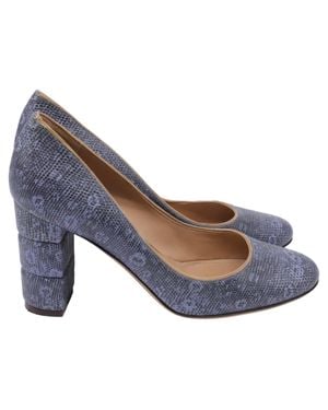 Ferragamo Two Tone Lizard Embossed Block Heel Pumps - Blue