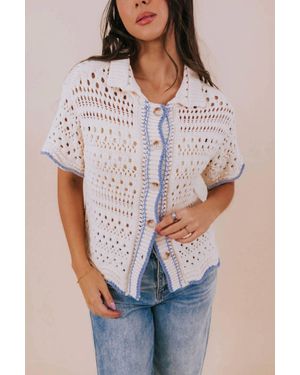 Aaron & Amber Button Down Wave Trim Collared Sweater - Blue