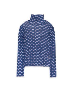 CALLIPYGIAN Flower Printed Mesh Turtleneck Sweater - Blue