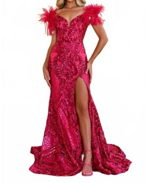 Ava Presley Sequin Gown With Feather Details - Red