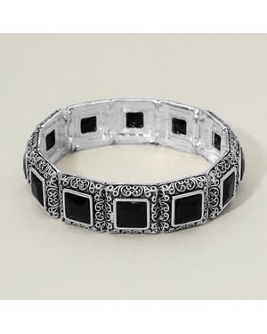 Fashnzfab Antique Metal Scrollwork Frame Square Tile Beaded Stretch Bracelet - Metallic