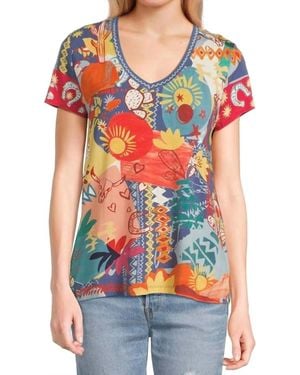 Johnny Was Janie Favorite Short Sleeve V-Neck Tee - Red