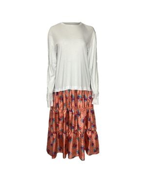 MSGM Floral Printed Long Sleeve Midi Tiered Dress
