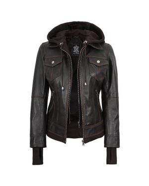 Decrum Tralee Bomber Leather Jacket With Removable Hoodie - Black