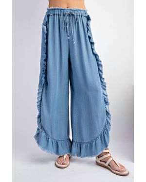 Easel Washed Ruffle Chambray Loose Fit Pants - Blue