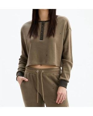Chrldr Juliette Stars Oversized Crop Henley Long Sleeve Top - Green