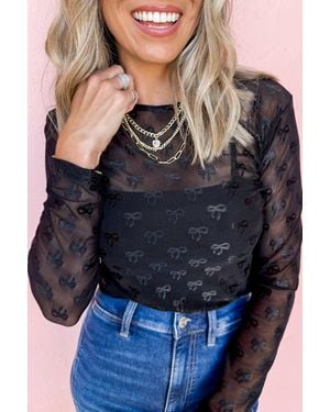 TRUEDAMES Mesh Bow Pattern Long Sleeve Top - Blue