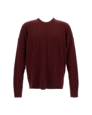 Plan C Checked Burgundy Wool Sweater With Ribbed Crew Neck - Red