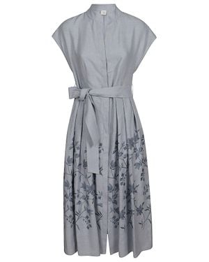 Eleventy Mid-Length Linen Dress With Mandarin Collar And Pleated Skirt - Gray