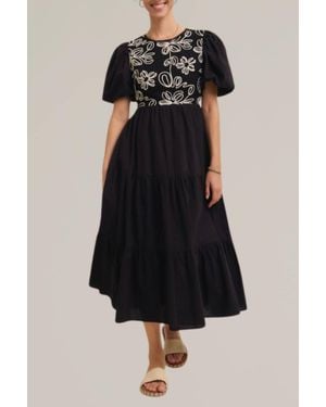 In February Embroidered Puff Sleeve Tiered Midi Dress - Black