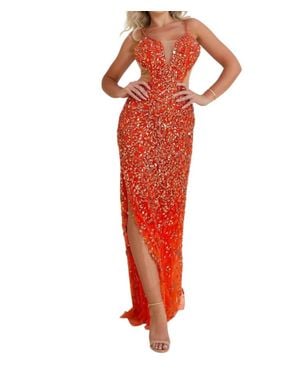 Terani Sleeveless Plunging Neckline Bodycon Tulle Long Prom Dress - Red