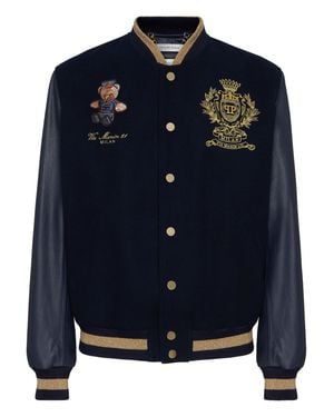 Philipp Plein Leather And Wool Varsity Bomber Teddy Doorman - Blue
