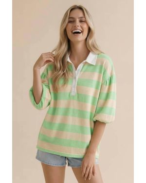 Haptics Stripe Button Down Bubble Sleeve Knit Top - Green