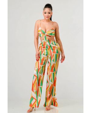 TRUEDAMES Luxe Geo Print Satin Bra Top And Palazzo Jumpsuit - Orange