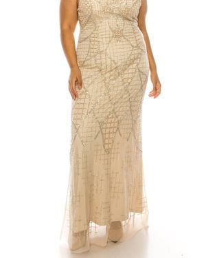 Aidan Mattox Crisscross Back Beaded Evening Gown - Natural