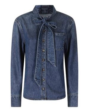 Self-Portrait Denim Lyocell Tie-Neck Casual Shirt - Blue
