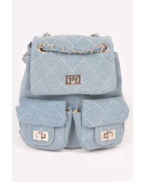 Fashnzfab Quilted Denim Double Pocket Front Backpack - Blue