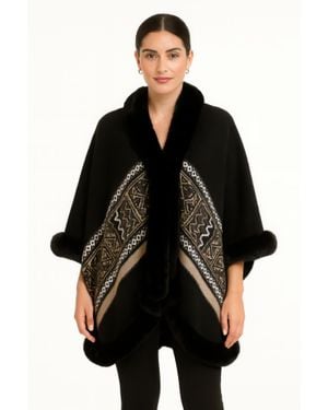 TRUEDAMES Geometric Border Faux Fur Trim Cape - Black
