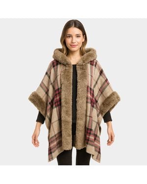 TRUEDAMES Faux Fur Trim Plaid Check Cape Coat Poncho - Brown