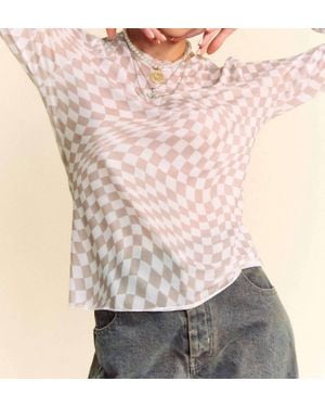 Davi & Dani Checker Board Mesh Long Sleeve Top - Pink