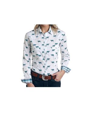 Panhandle Long Sleeve Steer Print El Toro Western Snap Shirt - Blue