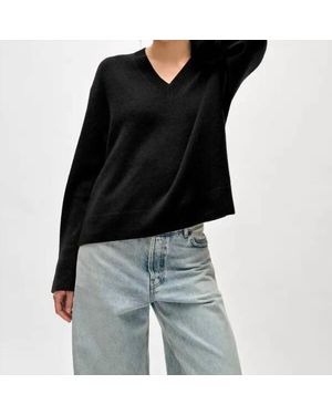 White + Warren Cashmere Rib Trim V Neck Sweater - Black