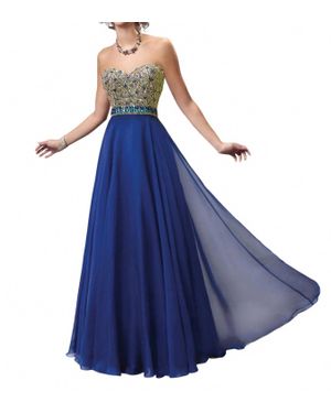 Kiss Kiss Formal Strapless Beaded Bodice Chiffon Evening Dress - Blue