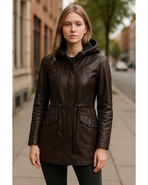 Infinity Leather Leather Hooded Parka Jacket-Clare - Brown