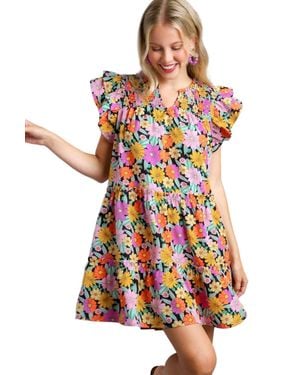 Umgee Floral Double Layered Ruffle Sleeve Dress - White