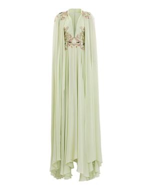 Saiid Kobeisy Reed-Colored Crepe Maxi Dress With Elegant Cape And Embroidery - Green