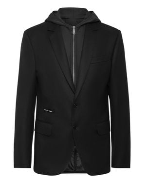 Philipp Plein Water Repellent Wool Hooded Blazer - Black
