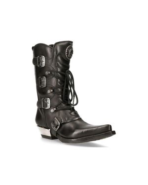 New Rock Leather Cowboy Buckle Boots- M-7993-S1 - Black