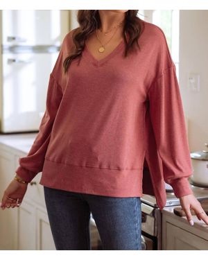 1 the Woman Side Slits V-Neck Loose Fit Tunic Top - Red