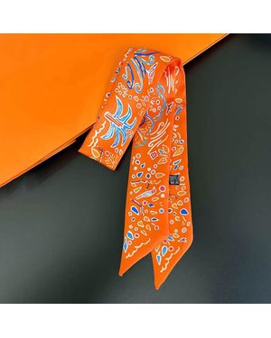 Discountinued Abstract Pattern Print Silky Twilly Skinny Scarf - Blue