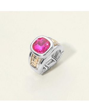 Fashnzfab Iridescent Square Crystal Accent Cz Pave Statement Stretch Ring - Pink