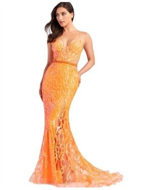 Ellie Wilde Sequin Sheer Sleeveless Prom Gown - Orange