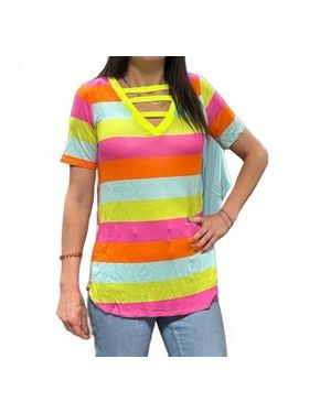 Bibi Neon Striped V-Neck Tee - Multicolor