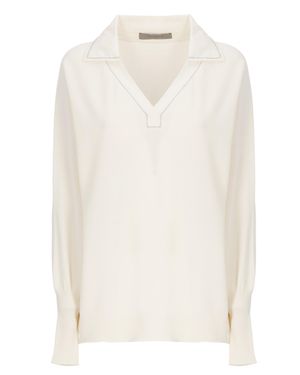 D. EXTERIOR Ivory Embellished Viscose Long-Sleeve Polo Shirt - White