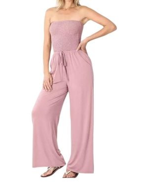 Zenana Smocked Romper Pants Suit - Pink