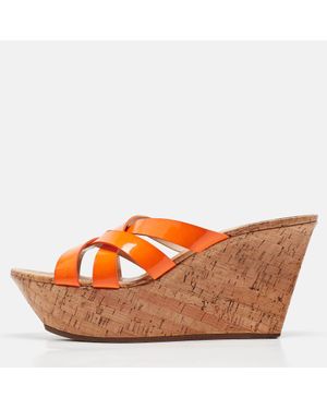 Casadei Patent Leather Cork Platform Wedge Slide Sandals - Orange