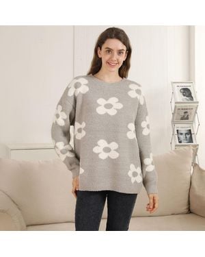 TRUEDAMES Cozy Daisy Pattern Crew Neck Sweater - Gray