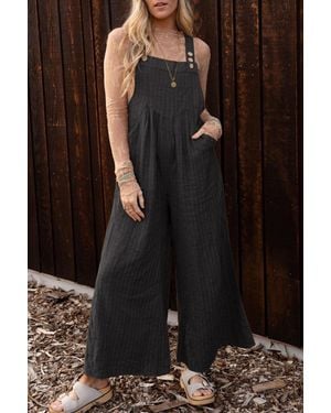 TRUEDAMES Striped Pleated Wide Leg Pocketed Jumpsuit - Black