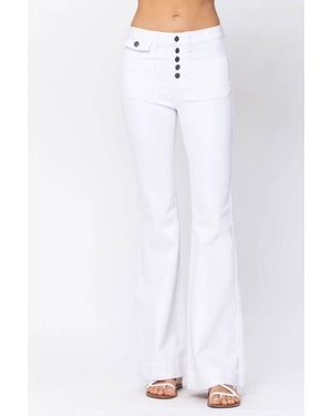 Judy Blue High Rise Button Fly Patch Pocket Flare Jeans - White