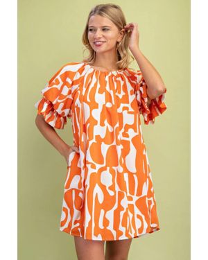 TRUEDAMES Geometric Print Loose Fit Mini Dress With Gathered Balloon Sleeves - Orange